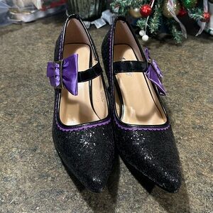 Black and Purple Shiny Sparkling Heels with Bow Accent Witch Halloween Costume
